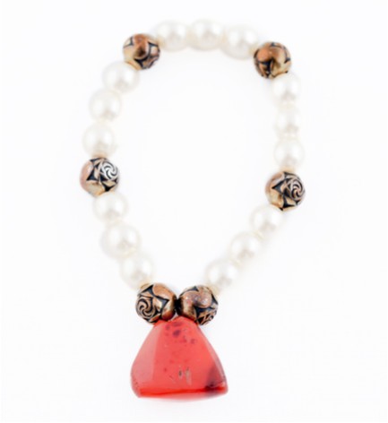 Pearl and coral pendant bracelet with bronze accents